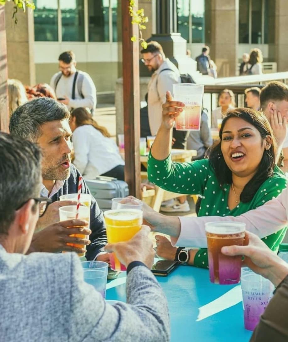 Corporate branded plastic cups printed with a logo for promotional events and brand activations